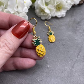 Pineapple Charm Earrings - Yellow Fruit Enamel Charm Beads on Nickel Free Hooks : 39mm