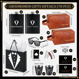 70Pcs Groomsmen Gifts Groomsmen Proposal Box with Shot Glasses Sunglasses PU Leather Toiletry Bag Wood Folding Knife Bottle Opener for Wedding Groomsman Best Man Gift (Brown)