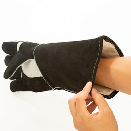 Magna LEVEL Sewing, Cowhide Leather, Heat Resistant Gloves, Fireproof Gloves, Bonfire, Campfire, Outdoor Gloves, BBQ, Dutch Oven, Wood Stove (Black, Long)
