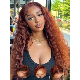 Julia Hair Water Wave Pre Everything Glueless Wig Reddish Brown 13x4 Pre Cut Lace Front Wigs Human Hair For Beginner Pre Bleached Bye Bye Knots Wig Pre Plucked Put on and Go Copper Red Color 22 Inch
