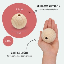 EV® Wooden Balls with Hole, 6 Pieces, 60 mm Diameter, Made in Austria, Large Wooden Beads with 10 mm Bore, Turned Made of High-Quality Beech Wood