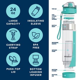 Infusion Pro Fruit Infuser Water Bottler, Insulated Sleeve & Fruit Infused Water eBook : Bottom Infuser for More Flavor : Locking Flip Top Lid : Unique Gift Idea - Teal
