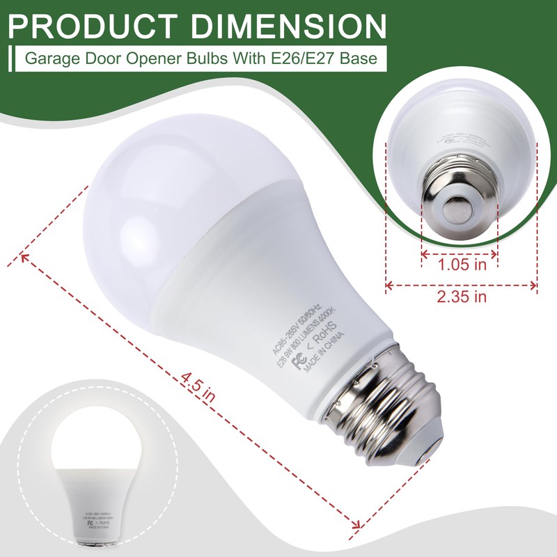 2 Pack LED Garage Door Opener Bulbs, 4000K, White, Compatible