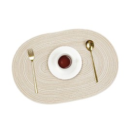 Set of 6 Placemats, Oval Place Mats, Heat Resistant Place Mats, Non-Slip Wipe Clean Placemats, Braided Placemats, Coasters, for Wedding, Party, Birthday, Restaurant, Kitchen, 50 x 35 cm, Milky White