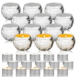Maxcheck - Juego de 24 unidades/12 portavelas de bolas de discoteca, decoración de bodas, centros de mesa de discoteca, incluye portavelas de vidrio de mosaico votivo y velas de luz de té para