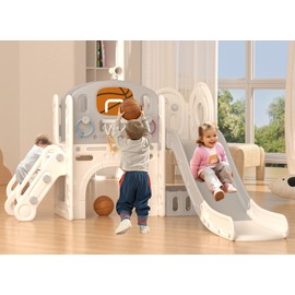 XJD 8 in 1 Toddler Slide Set, Kids Slide for Toddlers Age 1+, Toddler Climber Slide PlaySet with Basketball Hoop and Ball,Outdoor Indoor Playground for Toddlers 1-3 (Beige Gley, 8 in 1)