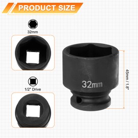 sourcing map 6 Point Impact Socket 32mm Metric Socket 1/2" Square Drive 1.8" (45mm) Long Phosphated Cr-Mo Steel Spindle Axle Hex Nut Sockets, Black