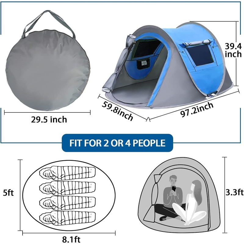 CAMP SOLUTIONS Pop-Up Camping Tent, 4 Person Instant Setup Outdoor