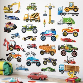 decalmile Cars Wall Decals Construction Transports Vehicles Racing Cars Wall Stickers Boys Room Kids Bedroom Toddles Playroom Wall Decor