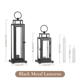 Staymoment Black Lanterns Decorative Indoor Set of 2 : 13" & 15" Glass Outdoor Lantern Candle Holder with LED Taper for Patio Porch Fireplace Living Room Tall Modern Home Decor