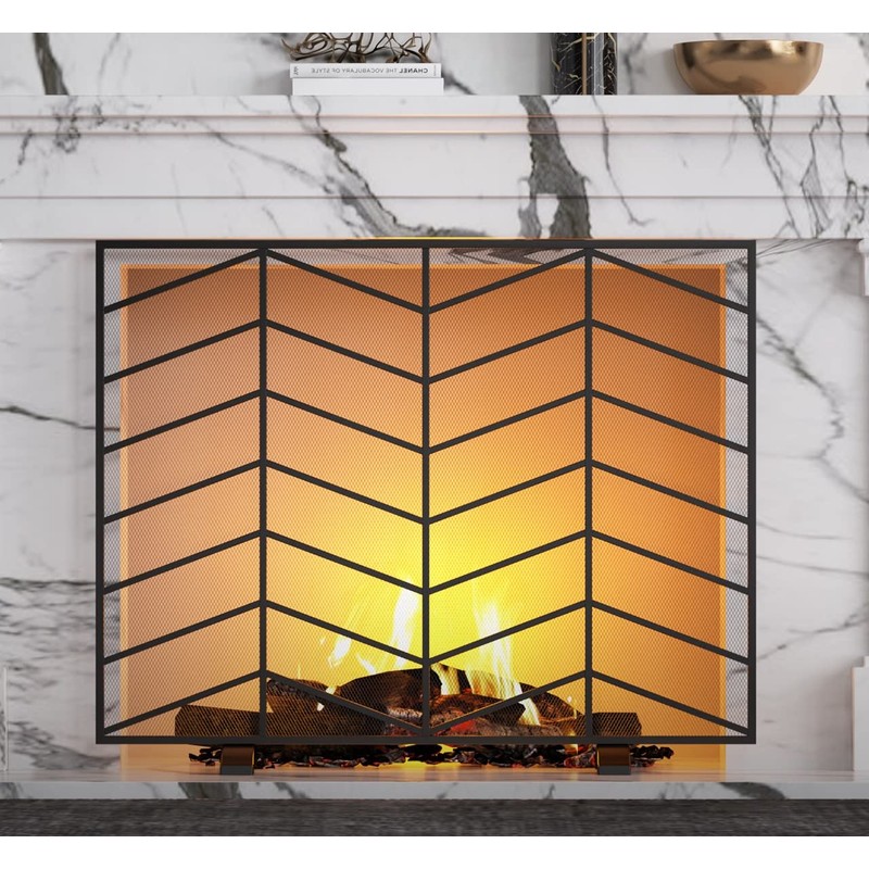 Fire Beauty Single Panel Handcrafted Wrought Iron Mesh Chevron Fireplace