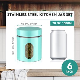 6 Pack Kitchen Canisters Set 20 oz Airtight Coffee Sugar Tea Candy Storage Jars with Window Glass Stainless Steel Containers with Lids for Flour Cookies Spices Grains Kitchen Home Decor (Turquoise)
