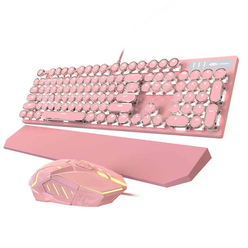 Typewriter Mechanical Gaming Keyboard and Mouse Combo, Retro Punk Round