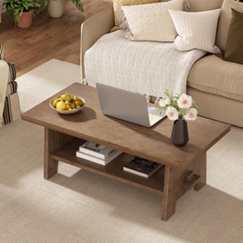 WINWY Farmhouse Wood Coffee Table - 43.4" Rectangle Coffee Table Solid Wood Tabletop, Center Tables with Storage Shelf for Living Room, Natural