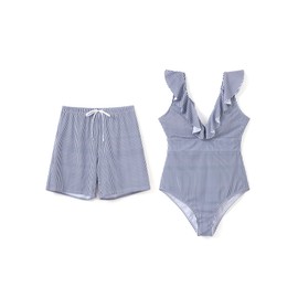 PATPAT Matching Swimsuits for Couples Ruffled V Neck One Piece Swimwear Summer Beach Vacation His and Hers Adults Bathing Suits Blue Stripe Women XL