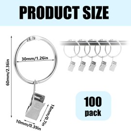 YOUNTHYE 100Pcs Curtain Rings with Clips, 30mm Internal Diameter Silver Curtain Rings Metal Hanging Pole Rings for Drapery, Shower Curtains Poles and Rods