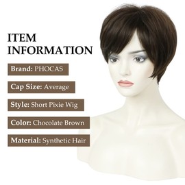 PHOCAS Short Brown Pixie Cut Wigs for Women with Bangs Stylish Layered Short Hair Wig Natural Straight Synthetic None Lace Replacement Wigs(Chocolate Brown)