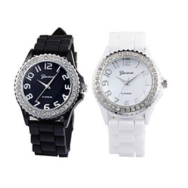 White Black 2 Pack Quartz Classic Crystal Rhinestone Large Face Watch with Silicone Jelly Link Band