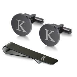 WIGERLON Initial Cufflinks and Tie Clip Set for Men,Stainless steel Letter Cuff Links and Tie Bar Set gift for Father Husband Son Boyfriend K Black