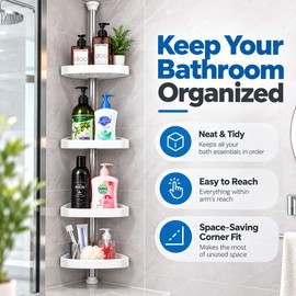 4-Tier Corner Shower Organizer for Bathroom Storage – Adjustable Tension Pole Rack for Shampoo and Shower Essentials