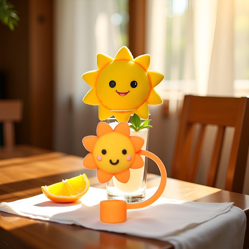 Orange Sun Straw Cover Cap Reusable Silicone Straw Toppers Drinking