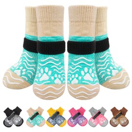 PUPTECK Anti Slip Dog Socks, Shoes with Grippers to Prevent Licking Hardwood Floors Traction, Rubber Boots & Paw Protectors for Small Medium Large Dogs Cold/Hot Pavement, Senior Dogs Booties Green