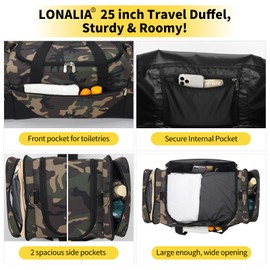 LONALIA 25 in Large Travel Duffel Bag for Men - 56L Roomy Weekender Bag with Trolley Sleeve (Camo)
