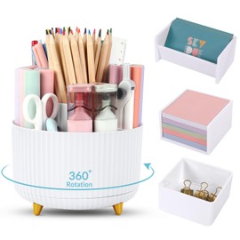 SKYDUE Desk Organizer Set of 4, 360 Degree Rotating Pen Holder, Business Card Holder, Memo Box, Storage Box, Office Desktop Accessories For Women or Men