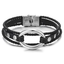 COOLSTEELANDBEYOND Men's Women's Three Strands Black Braided Leather Bracelet Sweatband with Stainless Steel Open Oval Charm, Leather, Non-applicable