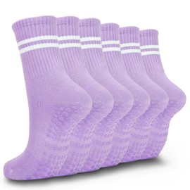 Popuid 6 Pairs Pilates Socks with Grips for Women, Non-Slip Yoga Striped Crew Socks for Barre Hospital Workout, Purple, 5.5-9