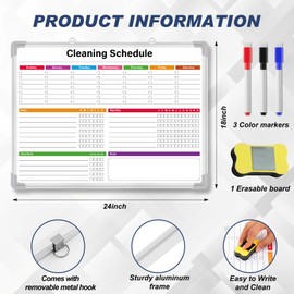 Honoson 18x24 Inch Chore Chart Whiteboard for Kids Hanging Cleaning Checklist Dry Erase Whiteboard with Aluminum Frame Double Sided Daily Weekly Monthly Chore Schedules, 3 Markers & 1 Eraser