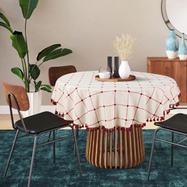 COTTONIVA Tablecloth - 100% Cotton, 140 cm Round, Soft, Durable and Easy Care - Perfect for Family Dinners, Festivals and Everyday Use - High-Quality Cotton Tablecloth Cream Red