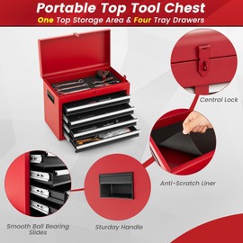HOMGX 5-Drawer Tool Combination Cabinet, Rolling Toolbox w/Detachable Top & Adjustable Shelf, Lockable Wheels & Sliding Drawers, Large Capacity Tool Storage Cabinet for Garage Workshops (Red+Black)
