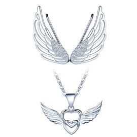 Yumilok Women's Jewellery Set with Angel Wings Pendant Heart in 925 Sterling Silver Necklace Earrings Set Chain for Women Girls Gift, Sterling Silver