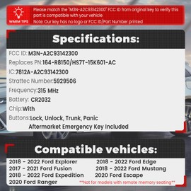 Beefunny Replacement Flip Remote Keyless Entry Key Fob for Ford Edge Explorer 2018-2022 Fusion 2017-2021 Mustang Expedition 2018-2022 FCC ID:M3N-A2C93142300 PN:164-R8150 4Buttons 315MHz (with chip)