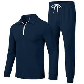 MoFiz Men's Track Suit Set 1/4 Zip Long Sleeve Jogging Top Bottom Fashion Casual Tracksuit Outfits Drawstring Elastic Waist with Pockets Navy Size US L