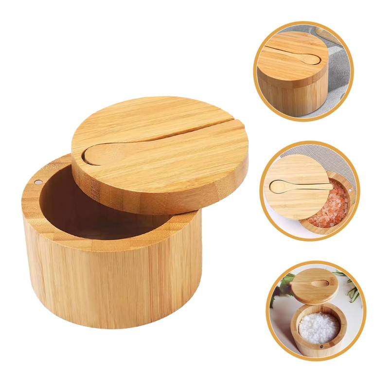 STOBAZA Multi-Function Wooden Salt Box Magnetic Lid Seasoning Canister Kitchen