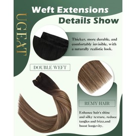 Ugeat Sew in Extensions Hair Natural Black to Dark Brown Mix Blonde Weft Hair Extensions Real Human Hair Balayage Double Weft Extensions 16In 105G