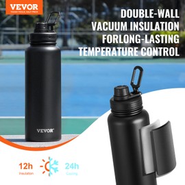 VEVOR 40 oz Insulated Water Bottle, Stainless Steel Camping & Hiking Hydration Flask with Wide Mouth Lid, Sports Coffee Cup Double Walled, Leakproof, for Indoor/Outdoor Use,Black