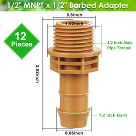 JAYEE 1/2 Inch Drip Irrigation Fittings to 1/2 Inch Male Hose Threaded Adapter, 12 Pack Drip Irrigation Universal PVC Adapter 1/2" Male Pipe Thread (MNPT) x 1/2" Barb Coupling Swing Pipe Connectors
