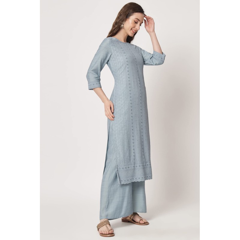 Shopping Queen Chikankari Kurta Palazzo Dupatta - Juego de seda