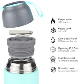 Milu® Thermal Food Container, 450/650/800 ml, Stainless Steel, Warmth Preservation, for Baby Food, Cereals to go, Thermal Lunch Box, Mint (800 ml)