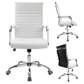 Furmax Ribbed Office Desk Chair Mid-Back PU Leather Executive Conference Task Chair Adjustable Swivel Chair with Arms (White)