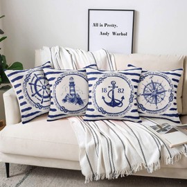Waterproof Cushion Covers Mediterranean Sea 40 x 40 cm Anchor Lighthouse Compass Rudder Navigation Cushion Cover Cotton Linen Soft Square Decorative Cushion Covers for Couch Car Home Decoration Set of