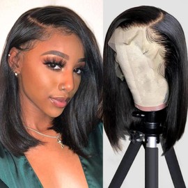 OPNGF Bob Wig Human Hair Glueless 13x4 HD Lace Front Wigs For Black Women Straight Transparent Frontal Short Human Hair Bob Wig 14 Inch Pre Plucked With Baby Hair 180% Density