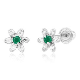 Sterling Silver Rhodium 1.50mm Emerald & 1mm Created White Sapphire Flower Screwback Earring