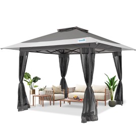 Quictent 13'x13' Pop up Gazebo Canopy with Mosquito Netting, One Person Set up Portable Instant Folding Shelter, Outdoor Screened Canopy Tent with Extra Shade for Backyard, Patio, Party - Grey