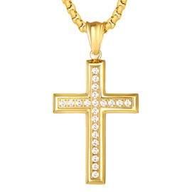 Deerllia Cross Necklace for Men Stainless Steel Crucifix Pendant Silver Gold Yellow Beveled Edge Jesus Christ Plain Simple Women Fine Jewelry Gifts with Zirconia, 24 Inches Rolo Chain