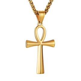 HZMAN Men's Stainless Steel Coptic Ankh Cross Necklace Retro Religious Egyptian Cross Pendant Necklace Jewellery Gift, Stainless Steel, No Gemstone