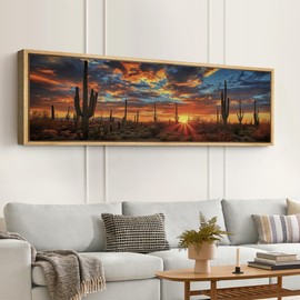 SIGNFORD Large Framed Canvas Print Wall Art Desert Sunset with Cacti Illustrations Modern Art Calm Warm for Living Room, Bedroom, Office - 60"x20"